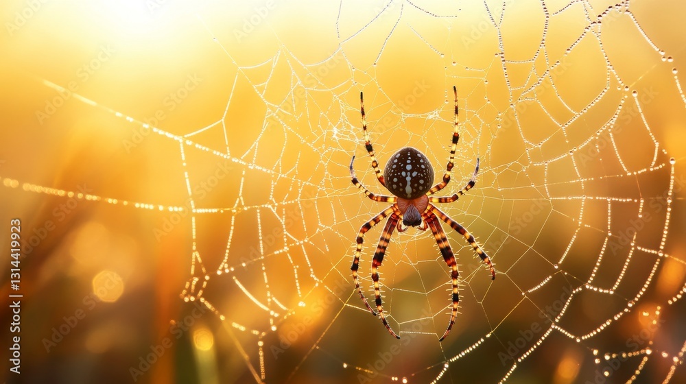 Aufkleber A macro view of a spider weaving its web in the early morning light, with dew droplets clinging to the silk threads, creating a mesmerizing scene