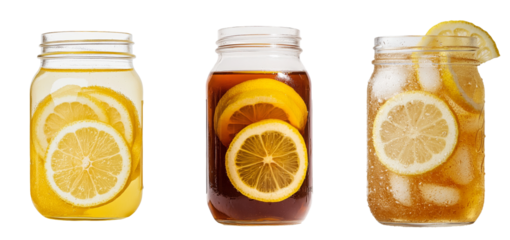 A refreshing drink is depicted in a mason jar, containing iced tea and slices of lemon, isolated on a transparent background and saved as a png