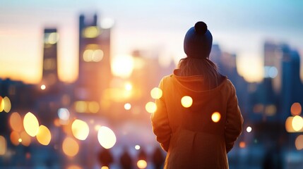 Contemplative individual watching city skyline at dusk urban setting portrait evening solitude