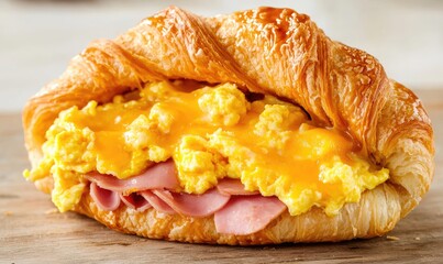 Delicious croissant filled with scrambled eggs, cheese, and ham, perfect for a satisfying breakfast or brunch.