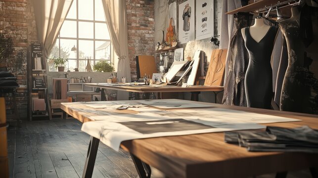 Modern fashion studio with designs and materials on wooden table