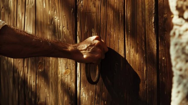 Hand knocking on a wooden door. Gospel illustration of the scripture: "Behold, I stand at the door and knock."	