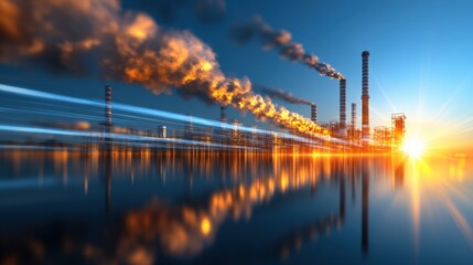 Fototapeta premium Industrial pollution emission event at sunset power plant location landscape photography environmental impact wide-angle view pollution awareness