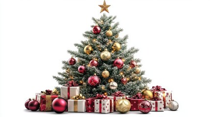 A beautifully adorned Christmas tree, laden with ornaments and topped with a shining star, surrounded by a colorful array of wrapped gifts.