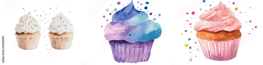 Poster a png image of a watercolor cupcake with sprinkles is shown isolated on a transparent background