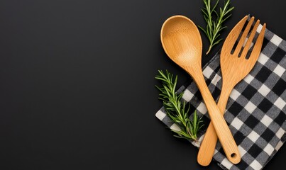 Elegant wooden kitchen utensils placed on a checkered napkin, enhanced with fresh rosemary on a dark background.
