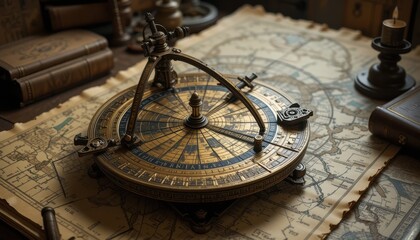 Fototapeta premium Antique Astrolabe on Vintage World Map Exploration Navigation History