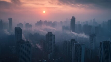 Fototapeta premium A powerful image of a city skyline shrouded in smog and pollution, with the sun barely visible, illustrating the effects of greenhouse gas emissions on urban environments