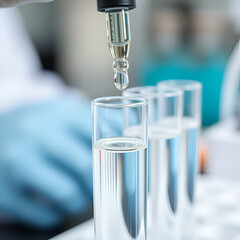 Closeup shot of lab testing water sample. Dropper adds liquid to test tube. Researching water quality in lab environment. Clear liquid in test tubes. Scientific analysis of water resources.