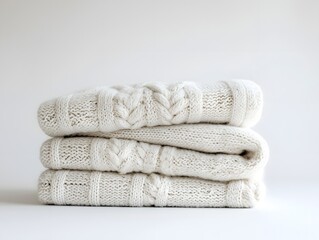 Cozy Knitted Blanket Neatly Folded on White Background Exuding Comfort and Hygge