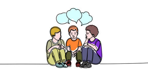 Three kids talking and discussing about their children's problems. Continuous one line drawing. Children's communication concept. Single line draw design art vector graphic illustration.