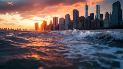 A rising tide overtaking a coastal citys waterfront, with water flooding the streets, symbolizing the increasing threat of rising sea levels due to global warming