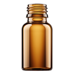 Empty amber glass bottle without a cap, ideal for pharmaceutical or cosmetic use. Showcasing a classic design with a smooth, glossy finish. Isolated on a transparent background, PNG.