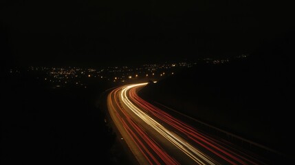 A scenic view of a bustling highway at night, with streams of car lights creating vibrant trails against the dark backdrop of a city skyline, showcasing urban transportation