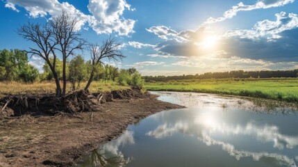 Obraz premium A scenic view of a riverbank with trees wilting under intense sunlight, contrasting with a lush green area nearby, highlighting the effects of climate change on ecosystems