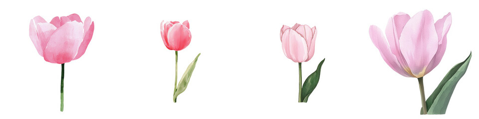 A soft pink watercolor tulip flower, complete with green leaves, is beautifully illustrated and isolated on a transparent background, making it perfect for spring and floral themes in png format