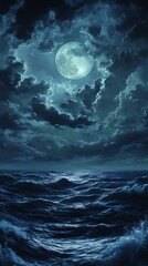 A serene night scene featuring a bright moon illuminating turbulent ocean waves under cloudy skies.