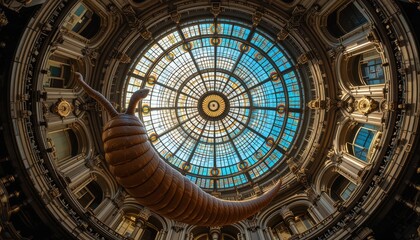 Fototapeta premium Giant Worm Sculpture Underneath a Stunning Stained Glass Dome Ceiling in a Grand Building