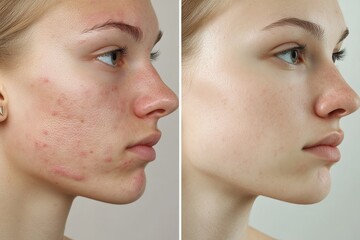 Obraz premium Before and after transformation highlighting smooth skin after acne treatment