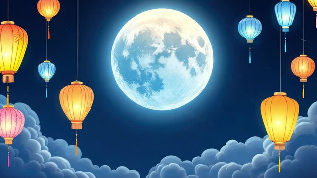 Colorful hanging lanterns against a full moon and starry night sky with fluffy clouds