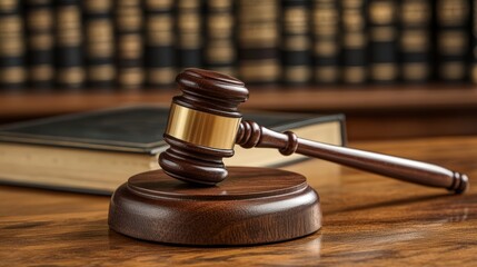 Dark Brown Wooden Gavel And Closed Book On Rich Brown Wood Surface