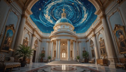 Obraz premium Elegant Grand Hall Interior Design with Celestial Dome Classic Architecture and Artwork