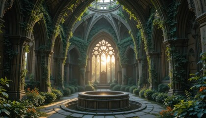 Obraz premium Sunlit Gothic Ruins Overgrown Cathedral Courtyard with Fountain