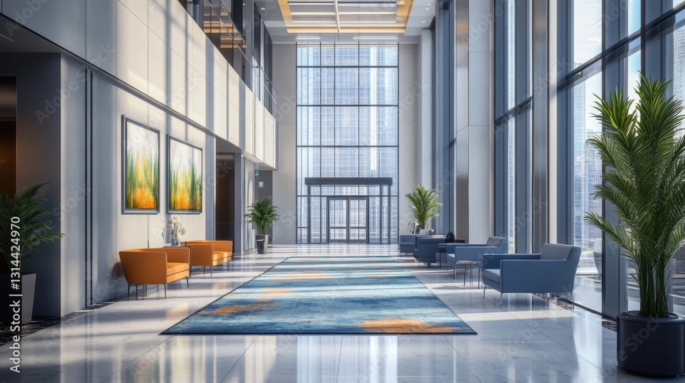 Poster a spacious modern hallway featuring sleek design elements, large windows allowing natural light to f