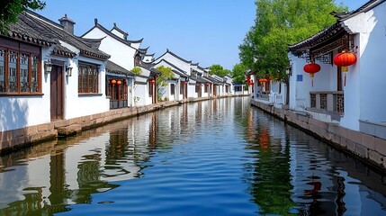 Fototapeta premium Serene Canal, Traditional Chinese Houses - Authentic Travel: Images.