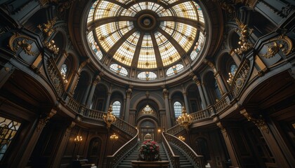 Fototapeta premium Grand Staircase in a Luxurious Dark Wood Palace with Ornate Gold Accents and Stained Glass Dome