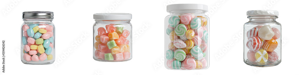 Poster This png image features a glass jar with a clear body and a metal lid, overflowing with a diverse array of candies in a multitude of colors, isolated on a transparent background