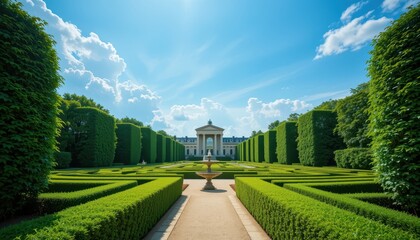 Obraz premium Serene Formal Garden with Green Hedgerows and Classic Building