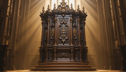 Ornate Dark Wood Altar in Gothic Church InteriorSunlight Beams
