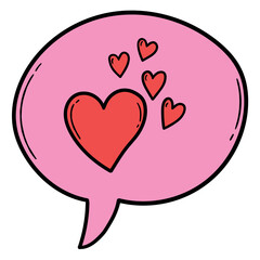 Hand drawn cartoon pink speech bubble with red hearts on white background.