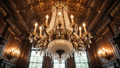 Obraz premium Elegant Crystal Chandelier in Luxurious Wooden Room Interior Design