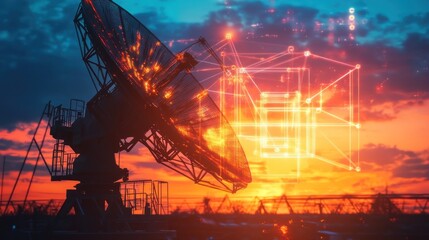 Satellite dish at sunset,  digital network overlay