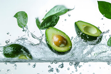 Avocado halves splashing in Water , healthy superfood and organic nutrition