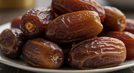 Obraz premium Close-Up of Plump Medjool Dates on White Plate - Delicious and Wholesome Dried Fruit, Perfect for Healthy Eating and Ramadan Themes.