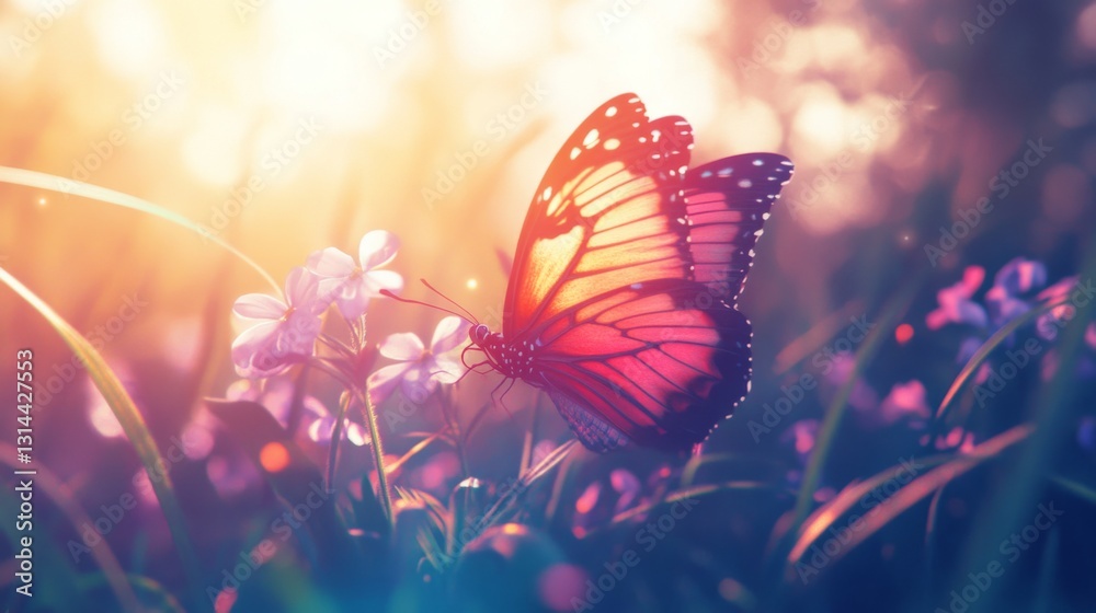 Poster A vibrant macro shot of a colorful butterfly resting on a flower, highlighting its delicate wings and intricate patterns in bright sunlight