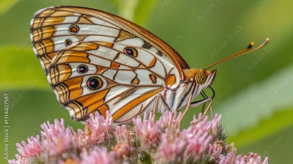 Poster a vibrant macro shot of a colorful butterfly resting on a flower, highlighting its delicate wings an