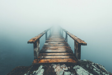 An old wooden bridge extends into dense fog, creating a mysterious and serene atmosphere. The weathered texture of the wood adds to the rustic and enigmatic scene.