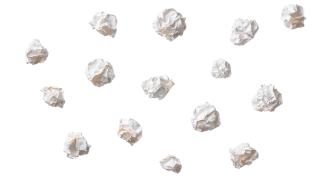"Multiple crumpled paper balls placed randomly, isolated on a transparent background."