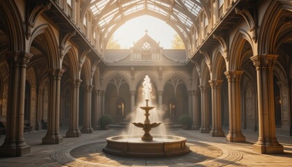 Obraz premium Serene Courtyard Fountain Gothic Architecture Sunlight