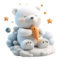 Fluffy 3D Cartoon Space with Teddy Bear on Cloud Isolated on Transparent Background