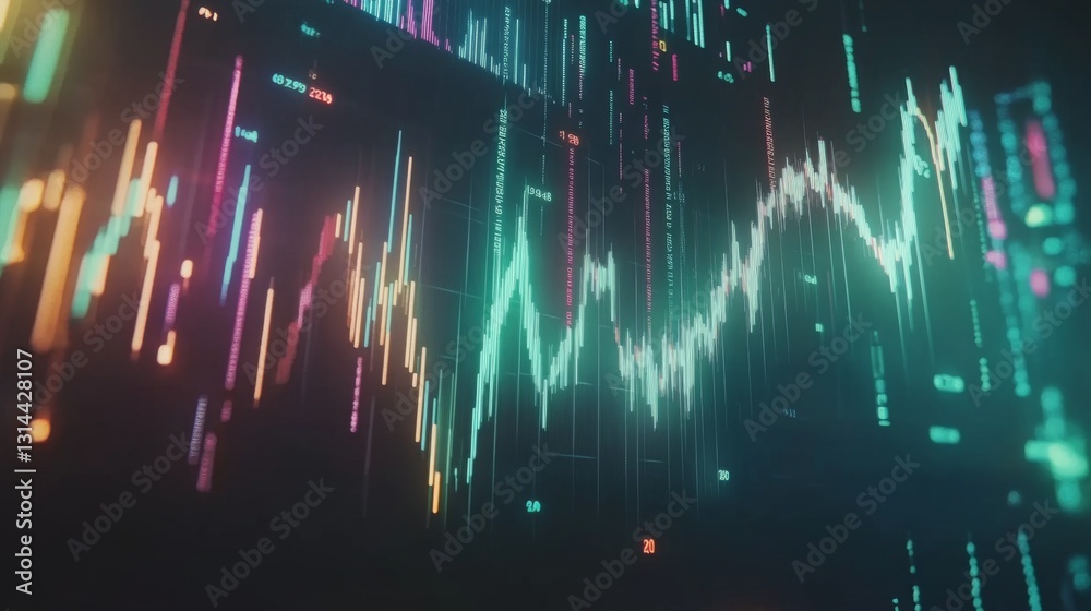 Poster A visually striking D graph with interconnected nodes and ascending lines, set in a digital space with glowing financial symbols in the background