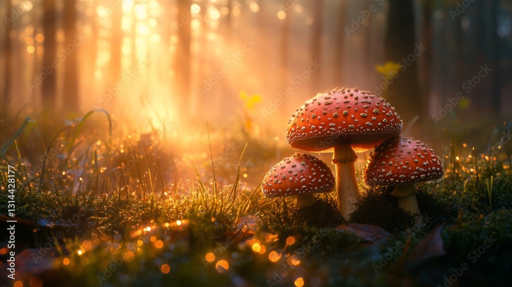 Poster a whimsical scene of mushrooms with sparkling dew in a misty forest, showcasing the magical atmosphe