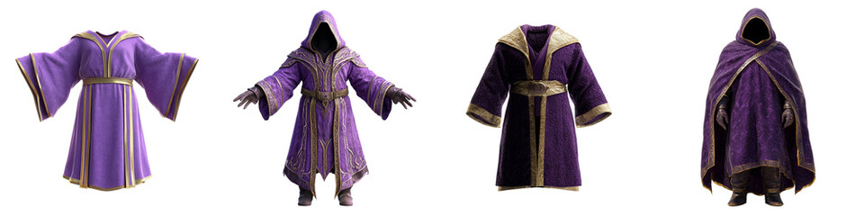 A luxurious purple robe with intricate embroidery and gold accents is elegantly displayed on a transparent background, available as a png