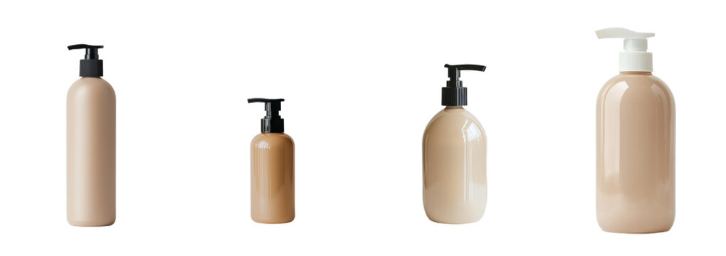 A cosmetic or personal care product bottle, beige in color and featuring a cream pump, is depicted against a white background, and can also be found isolated on a transparent background as a png