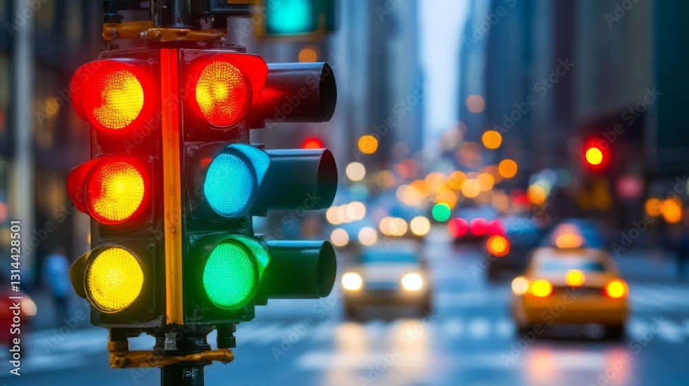 Aufkleber a wide-angle view of multiple traffic lights at an intersection, showcasing various colors, with car