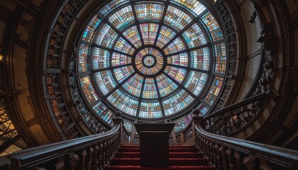 Grand Staircase Ascending to a Stunning Stained Glass Dome Ceiling